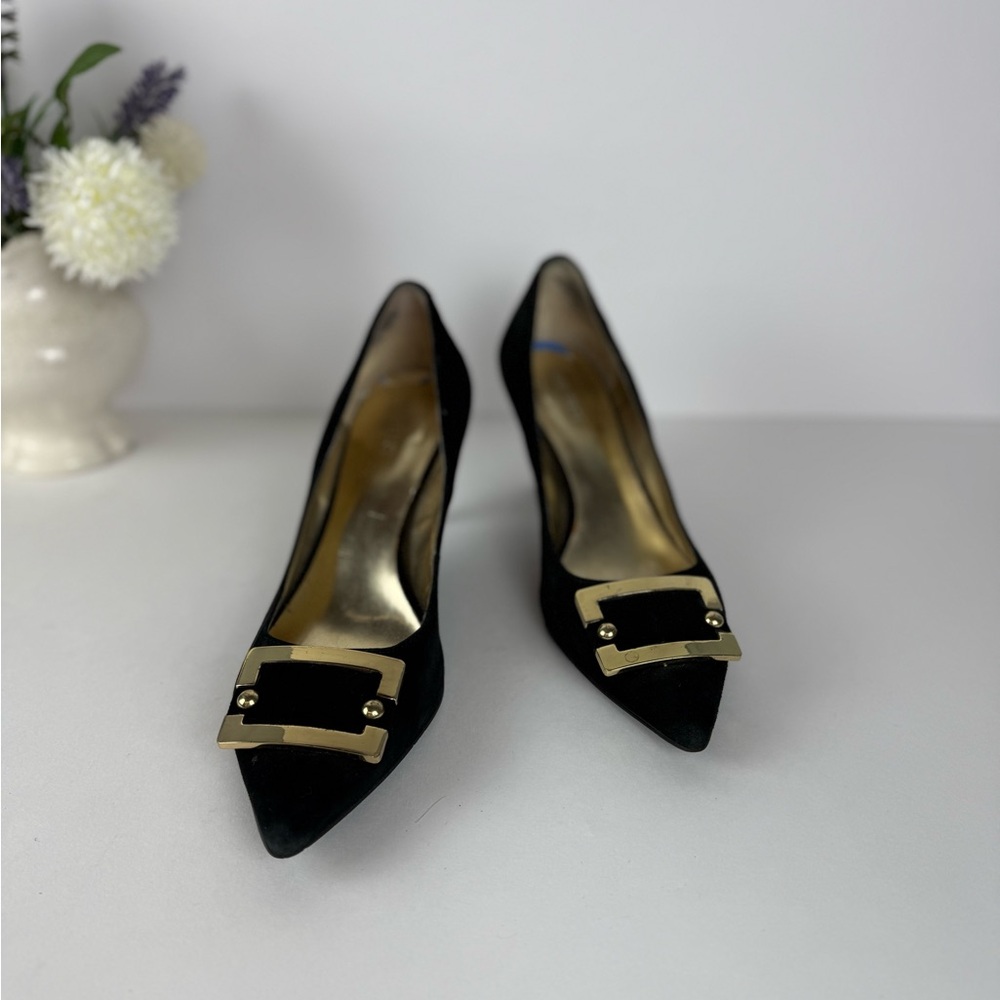 Nine West Black Suede Kitten Heels – Gold Buckle – Elegant Pointed Toe